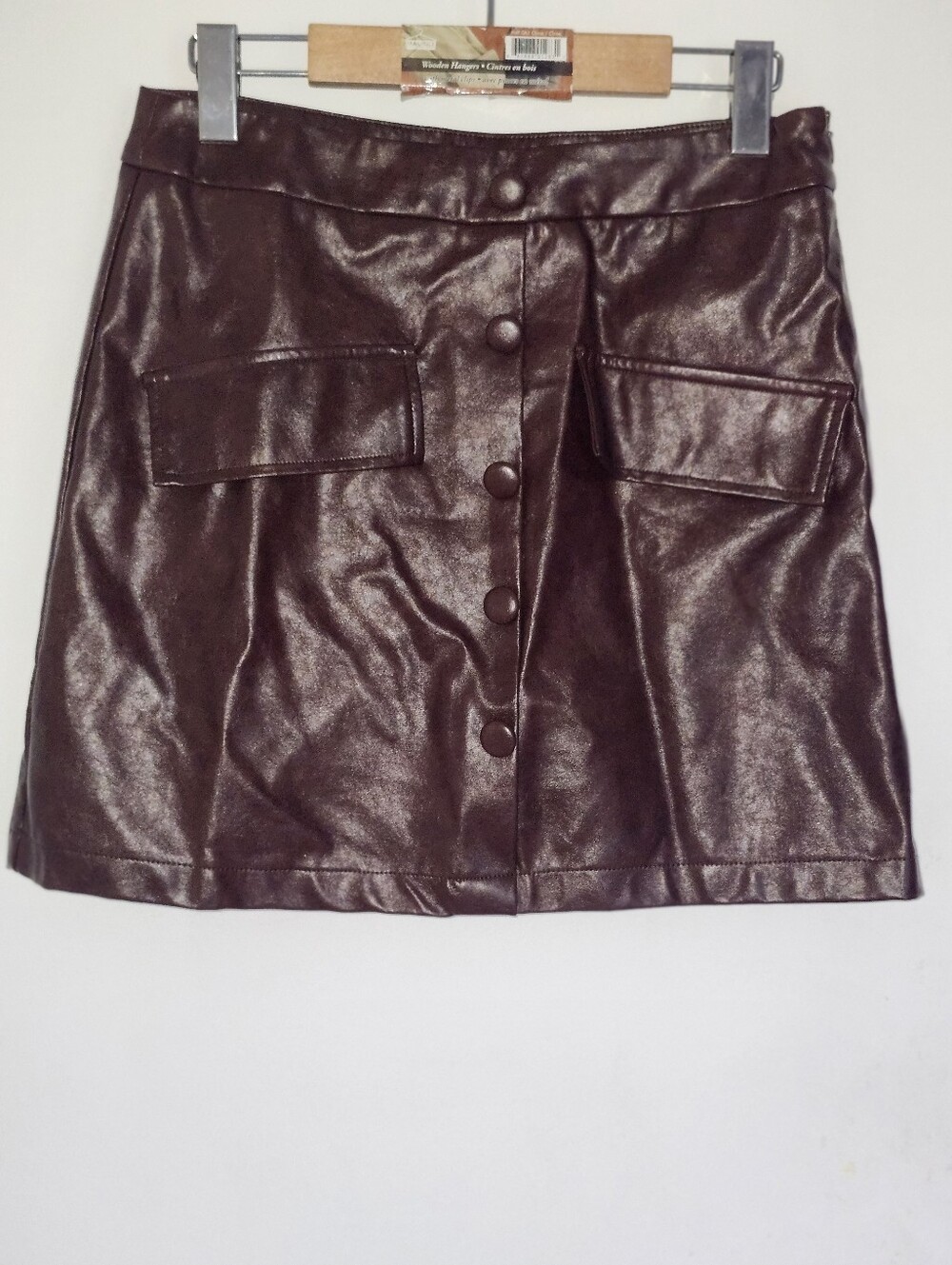 Commense Faux Leather Button-Front Mini Skirt in Dark Brown